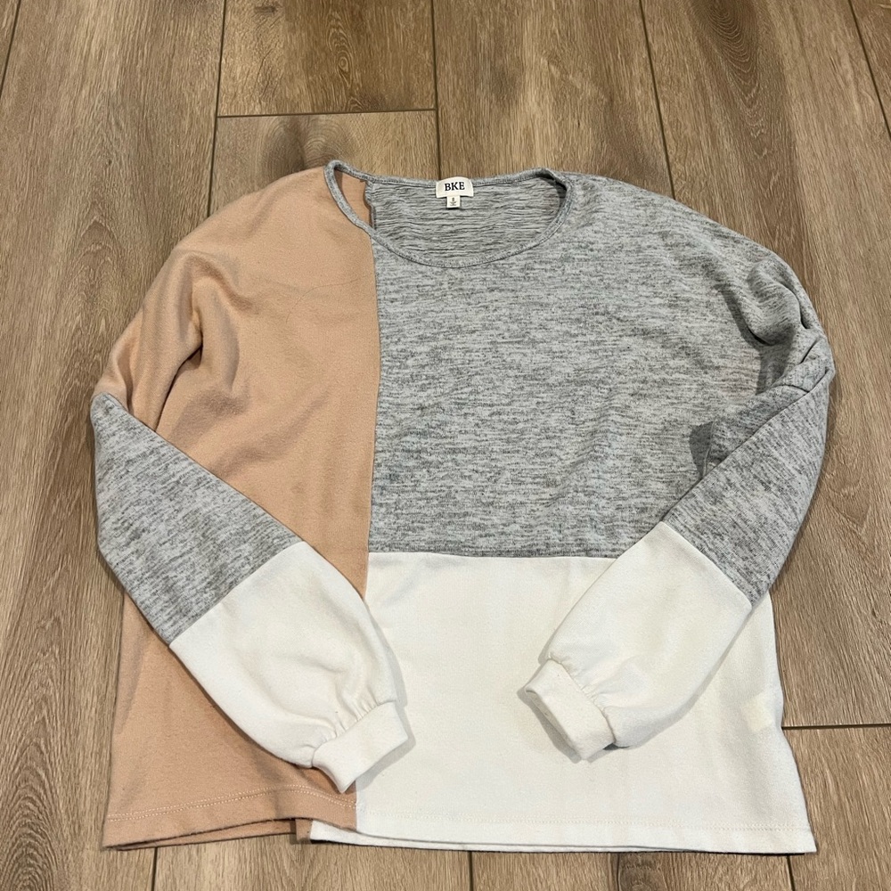 Color Block Sweater - Beige, Grey, and White